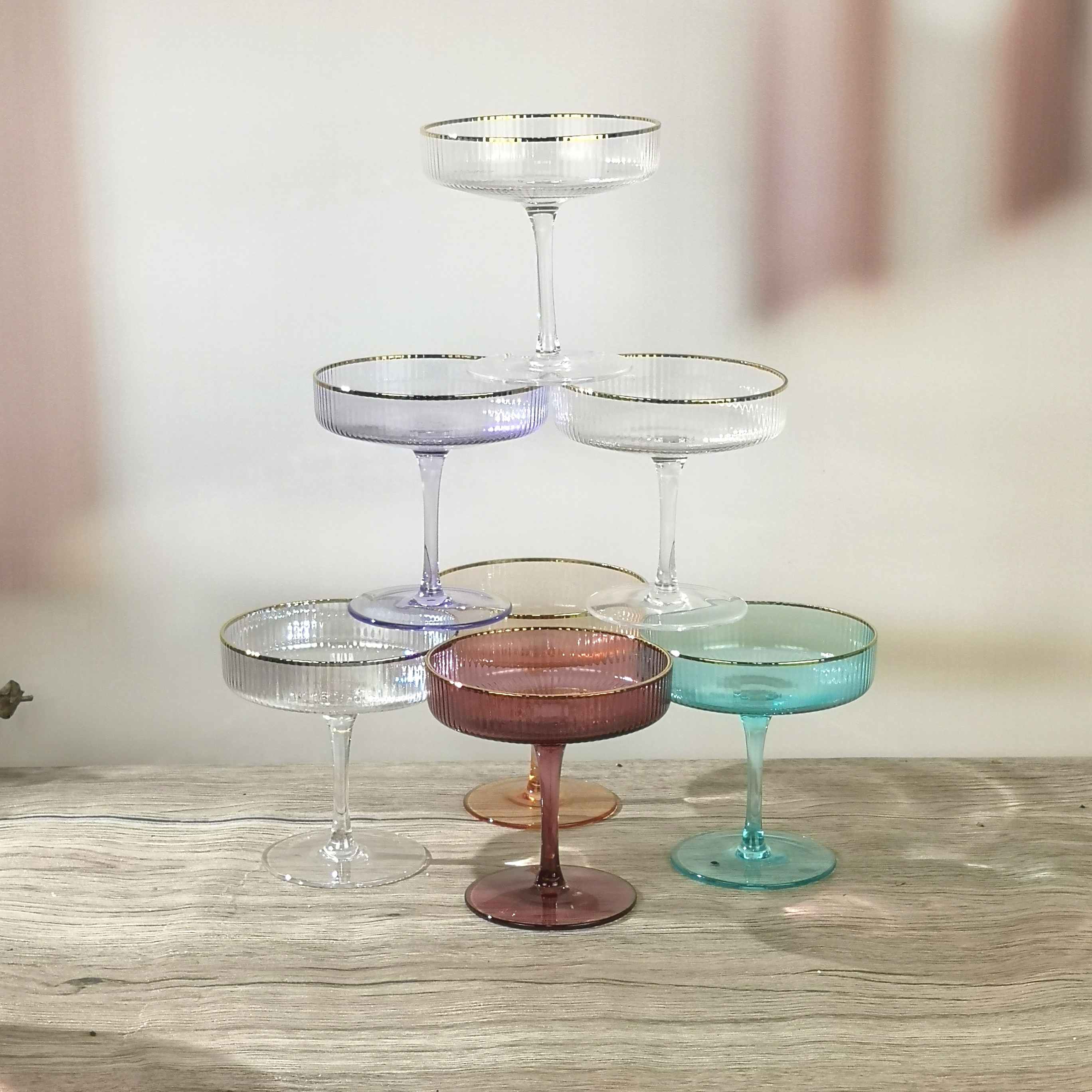 Custom Colored Glass Champagne Coupe with Gold Rim CXW1405