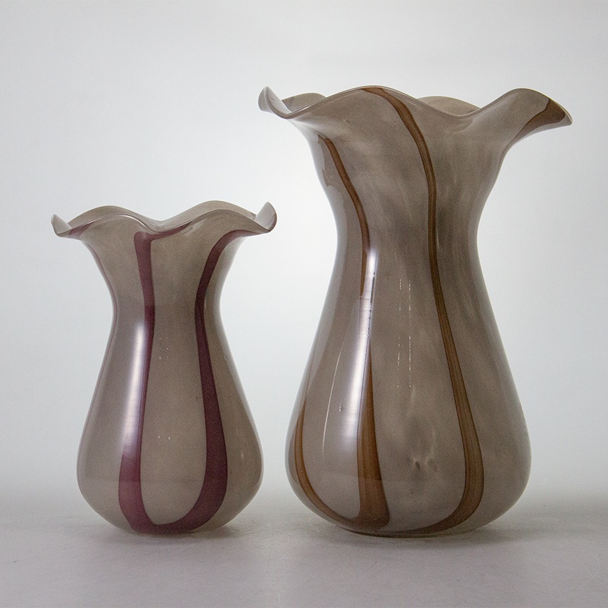 Smoky Grey Glass Vase Set with Vertical Stripes, Ruffled Rim Handblown Decorative Vases for Home Dec