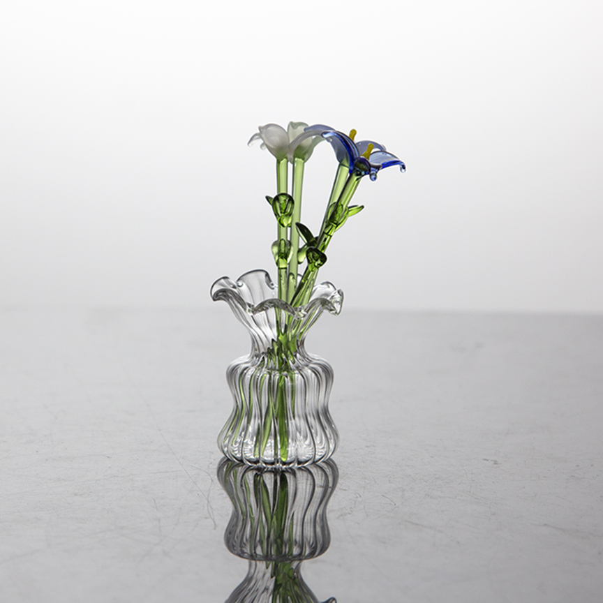 Mini Glass Flower Bouquet with Vase, Artisan Blown Glass Floral Arrangement for Desk & Home Deco