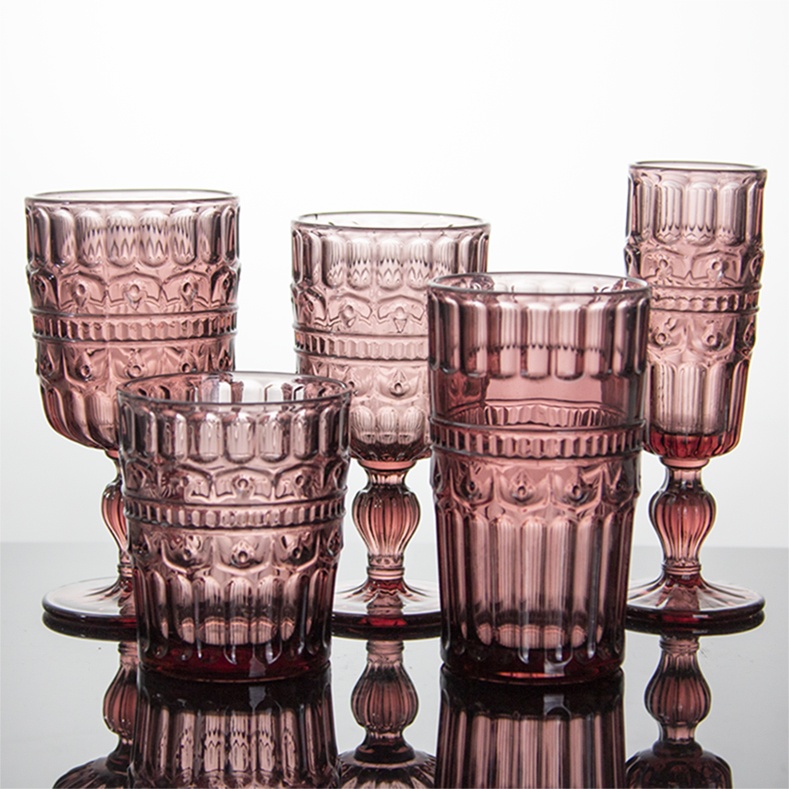 Vintage Embossed Pink Tinted Glass Cup Set, Retro Column Pattern Stemmed Goblet & Stemless Tumbl