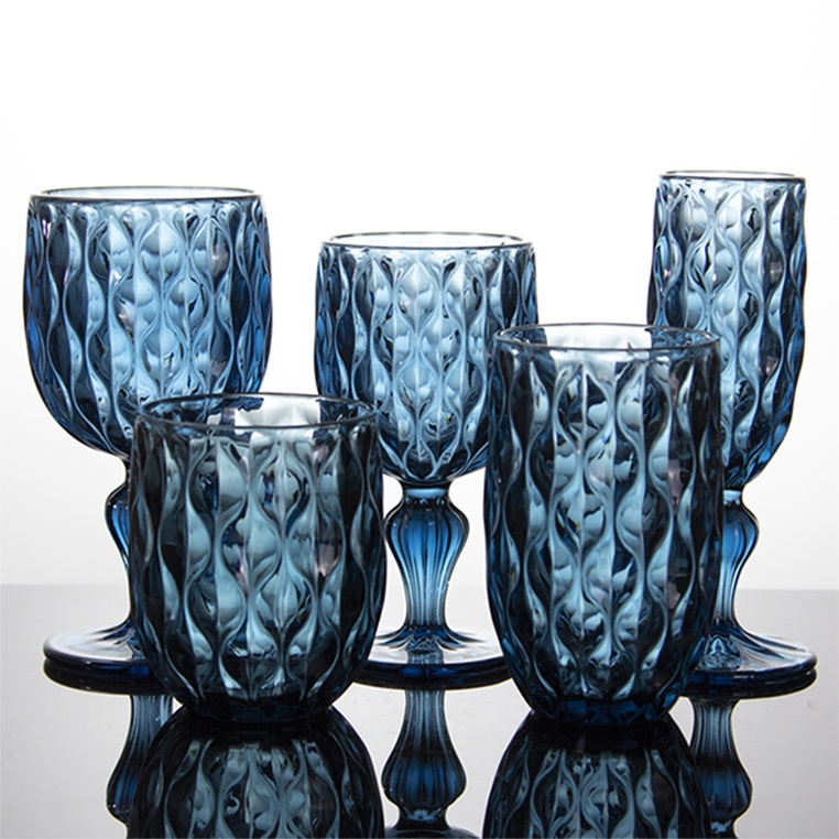 Vintage Wavy Ribbed Smoky Blue Glass Cup Set, Textured Stemmed Goblet & Stemless Tumbler for Wed