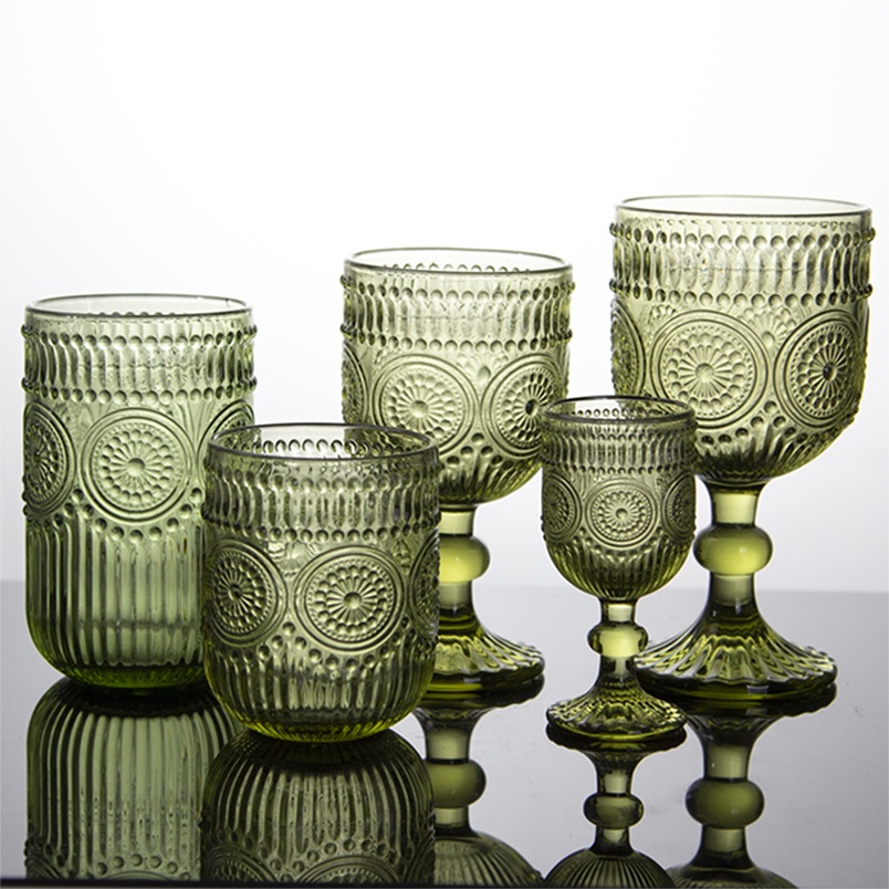 Vintage Sunflower Embossed Olive Green WineGlass Cup Set, Retro Hobnail Stemmed Goblet & Stemles