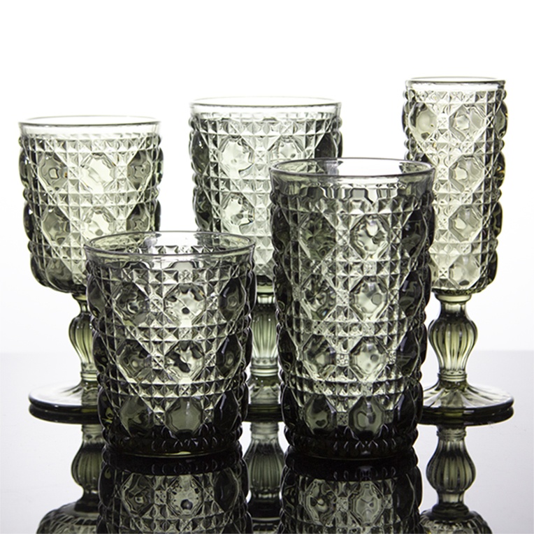 Smoky Green WineGlassSet, Retro Textured Stemmed Goblet & Stemless Tumbler for Wedding Table Dec
