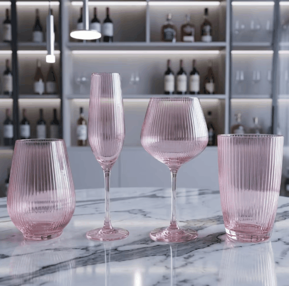 Vertical Ribbed Stemmed Wine Glass Set, Clear & Gradient Colored Fluted Goblet for Red Wine, Cha