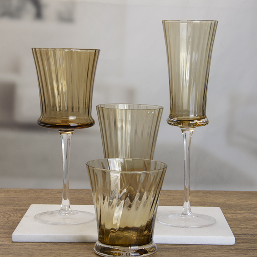 Amber Colored Luxury Textured Stemmed Goblet for Home Bar Party Wedding Decor | Premium Lead-Free Gl	