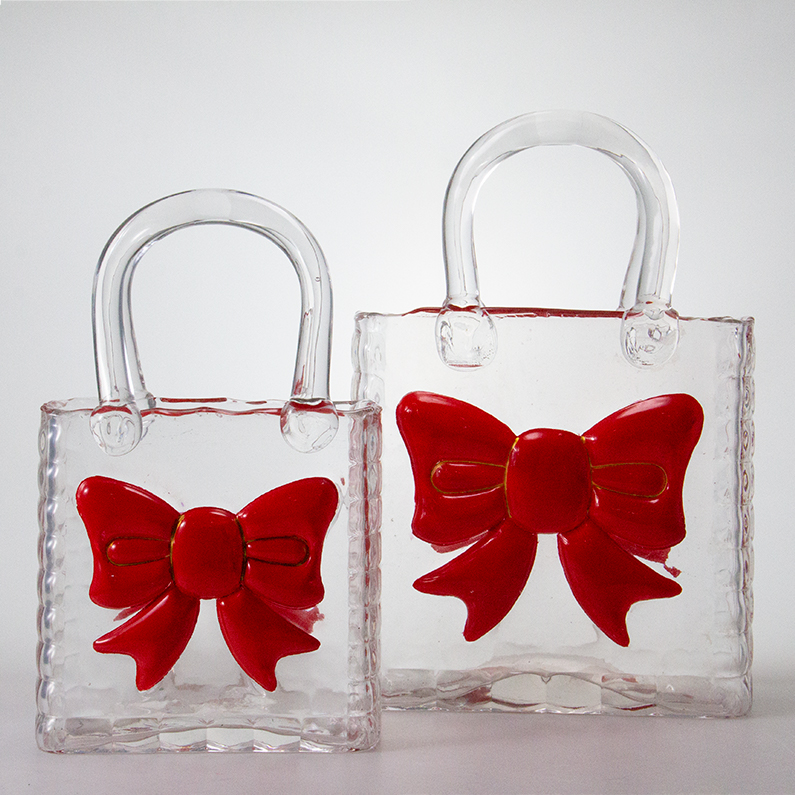 Clear Glass Handbag Vase with Red Bow, Novelty Handbag Shaped Glass Flower Vase for Wedding & Ho