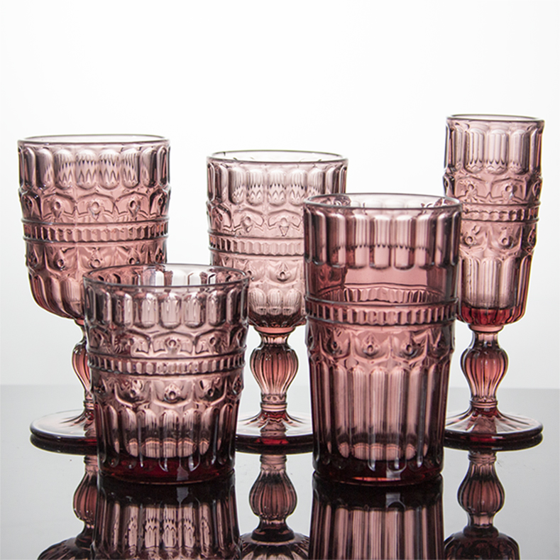 Vintage Embossed Purple Glass Cup Set, 4 Styles Textured Goblet & Tumbler for Wedding & Part
